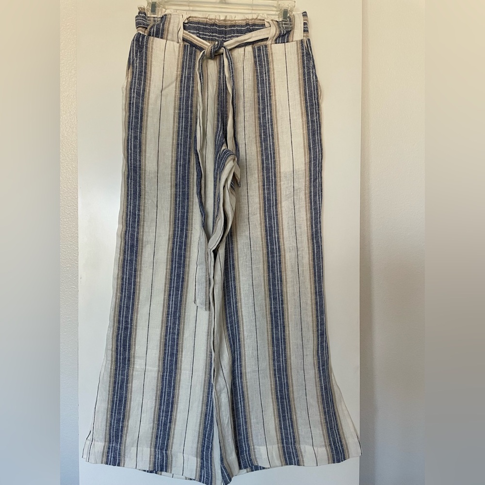 Indigo Rein Linen Blend Rise Wide Leg Cropped Pull On Pants Blue Stripe nwt